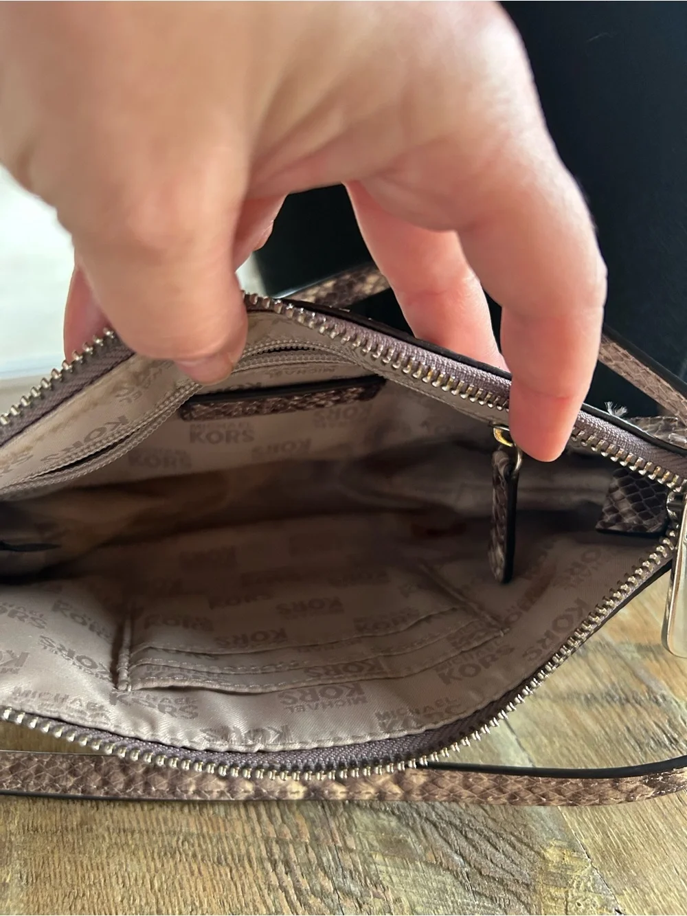 Michael Kors Taupe and Dark Brown Snake-Print Crossbody Bag